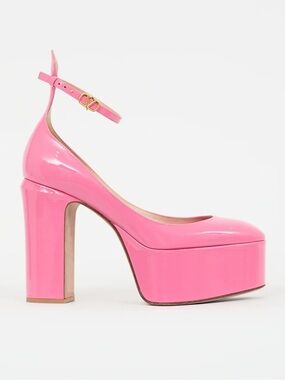 Valentino Tan-Go VLogo Pink Patent Leather Platform Block Heel Pumps